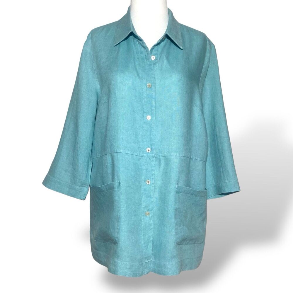 COLDWATER CREEK Linen Jacket Women M Turquoise Lightweight Lagenlook Oversized